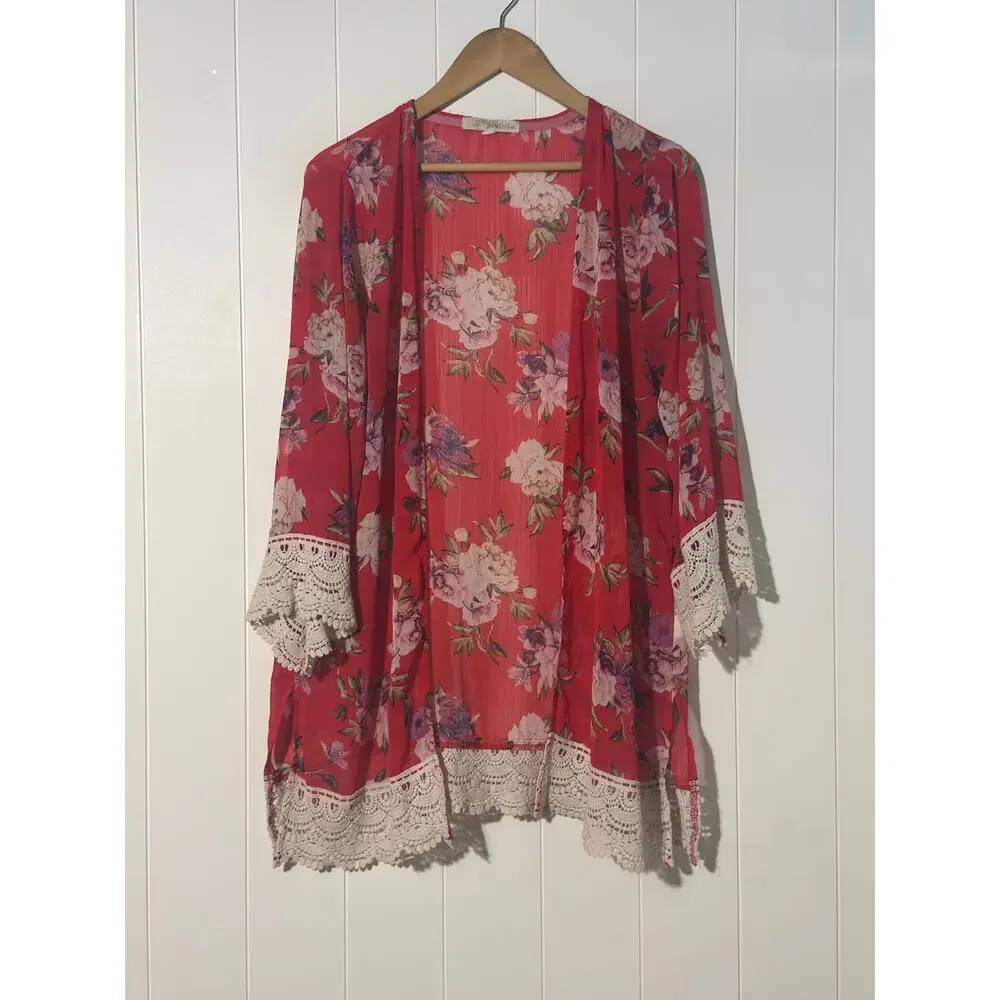 Rewind Red Floral Lace Trim Kimono Cover Up Open Front Sheer Boho Size Large